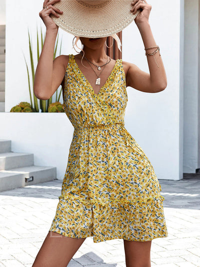 Robe de soleil sexy à volants et col en V pour femmes