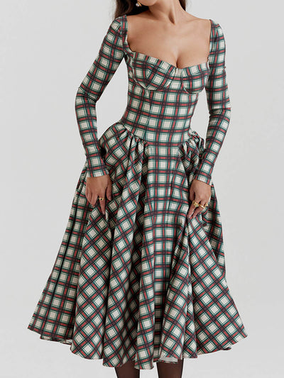 Robe mi-longue corset tartan rouge